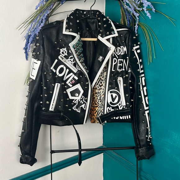 LORDLDS Women Black Leopard Leather Jacket Zip Up Moto Biker Fashion Streetwear - Picture 3 of 11